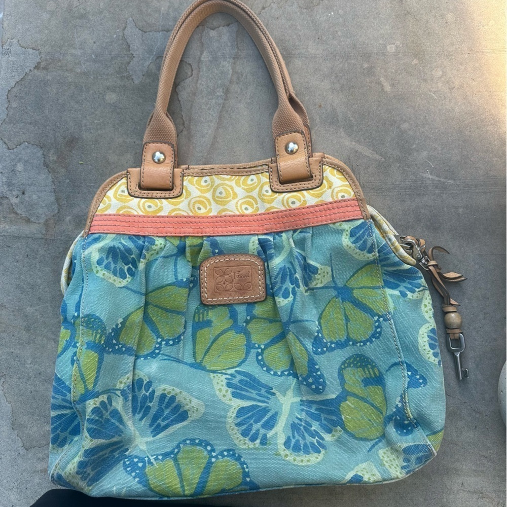 Fossil Canvas Leather Butterfly Floral Large Shoulder Tote Bag Hippie Boho READ